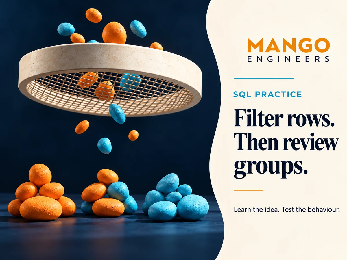 SQL WHERE and HAVING: Check a Grouped Report with a Tiny Dataset — conceptual learning illustration