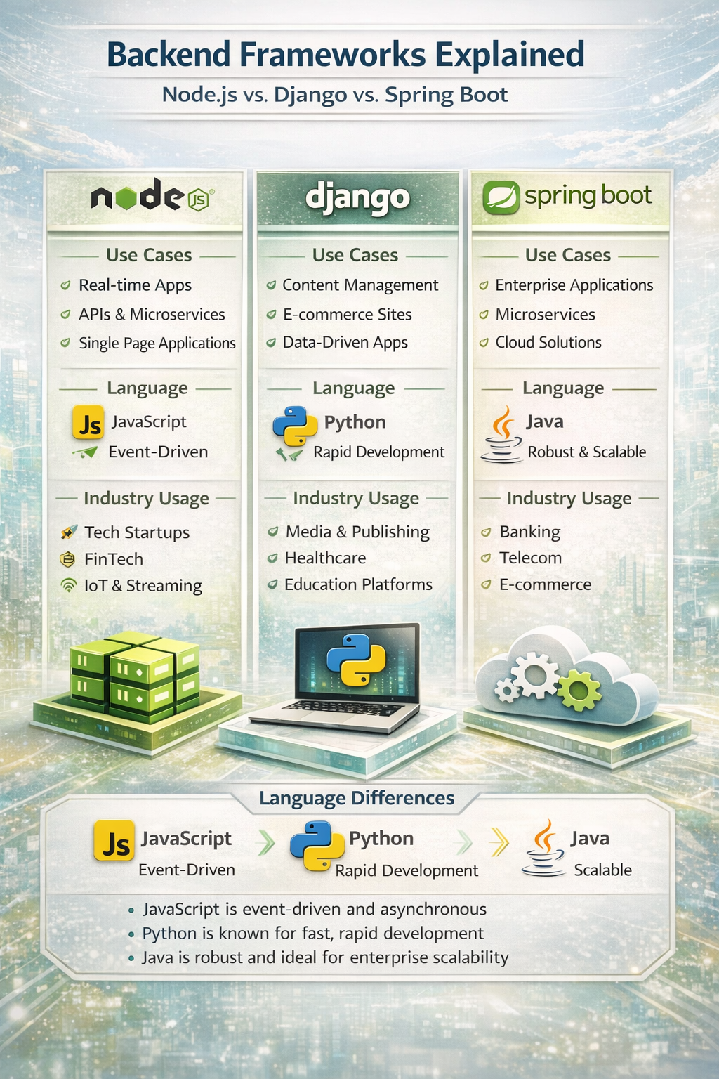 Comparison of Node.js Django and Spring Boot backend frameworks