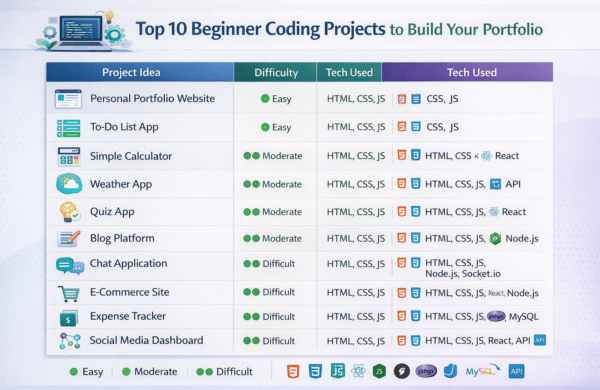 beginner coding projects portfolio ideas difficulty tech