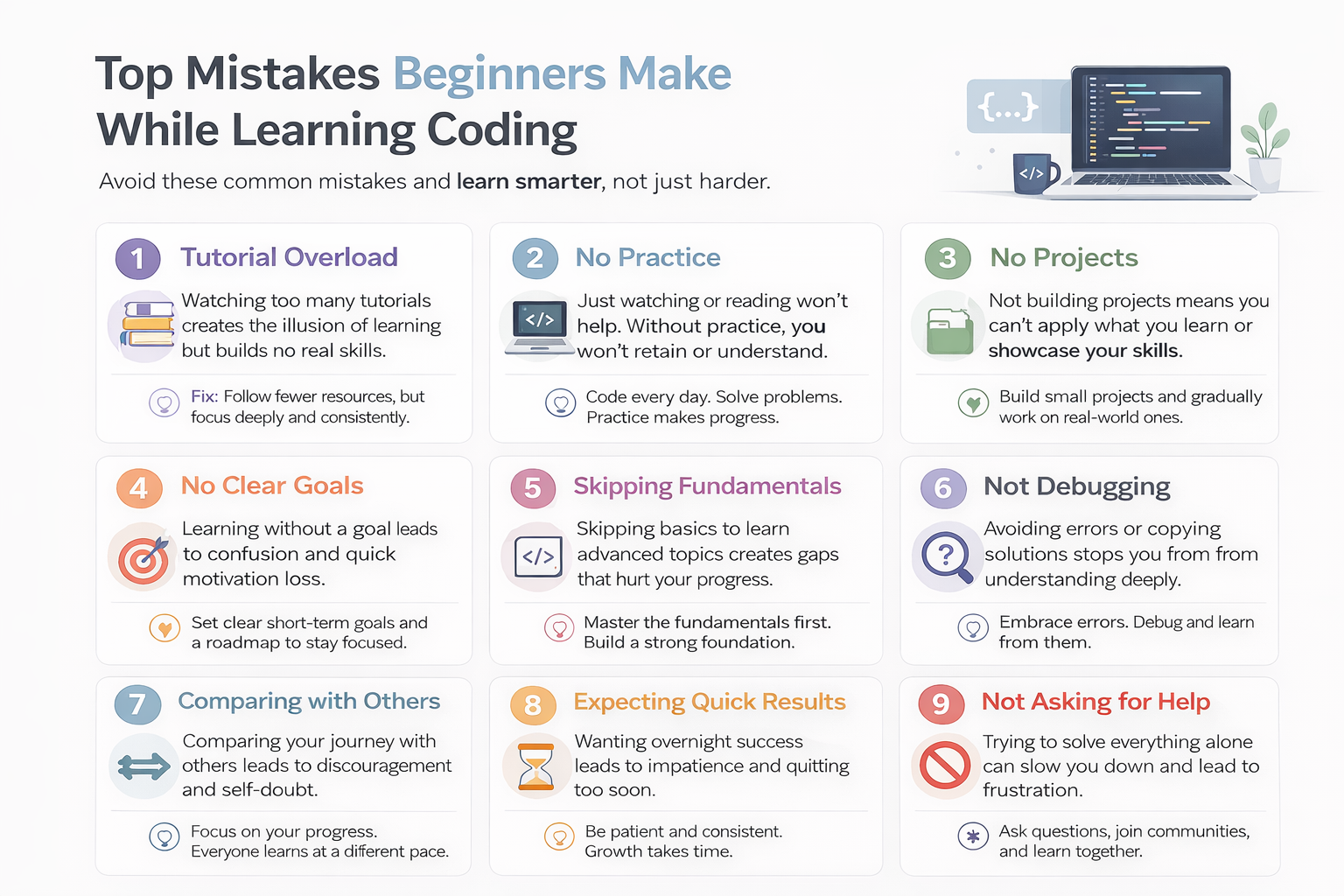 coding mistakes beginners tutorial overload no practice no projects