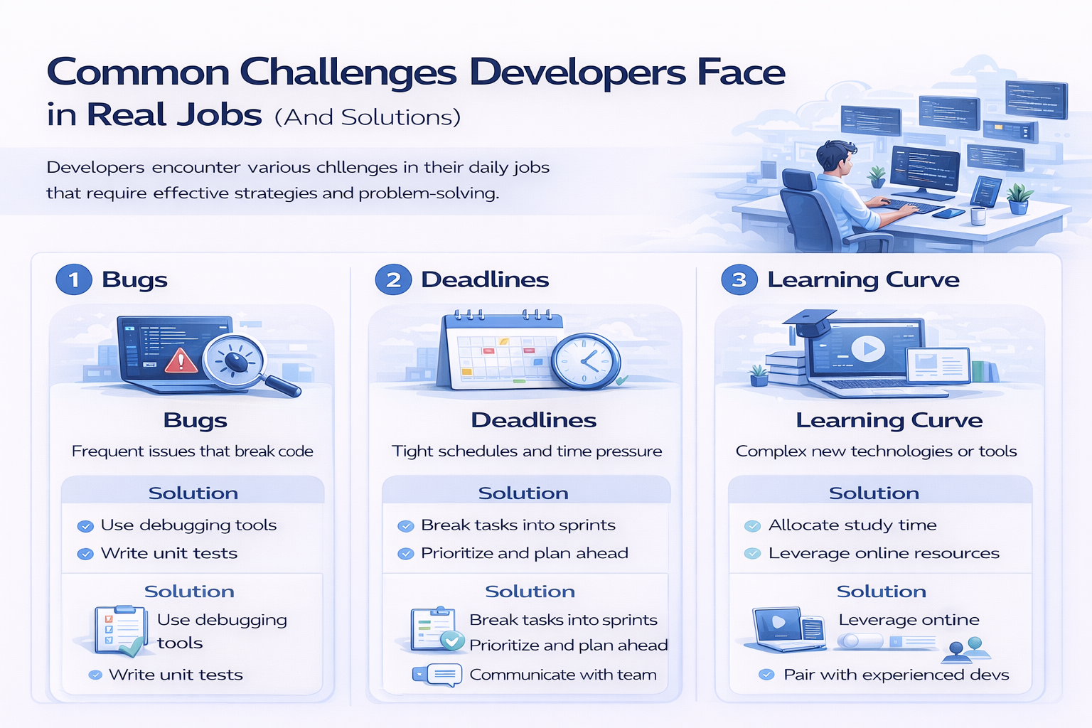 developer challenges bugs deadlines learning curve solutions