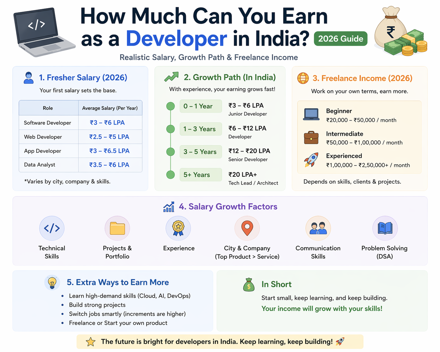 Developer salary in India including fresher salary, career growth, and freelance income