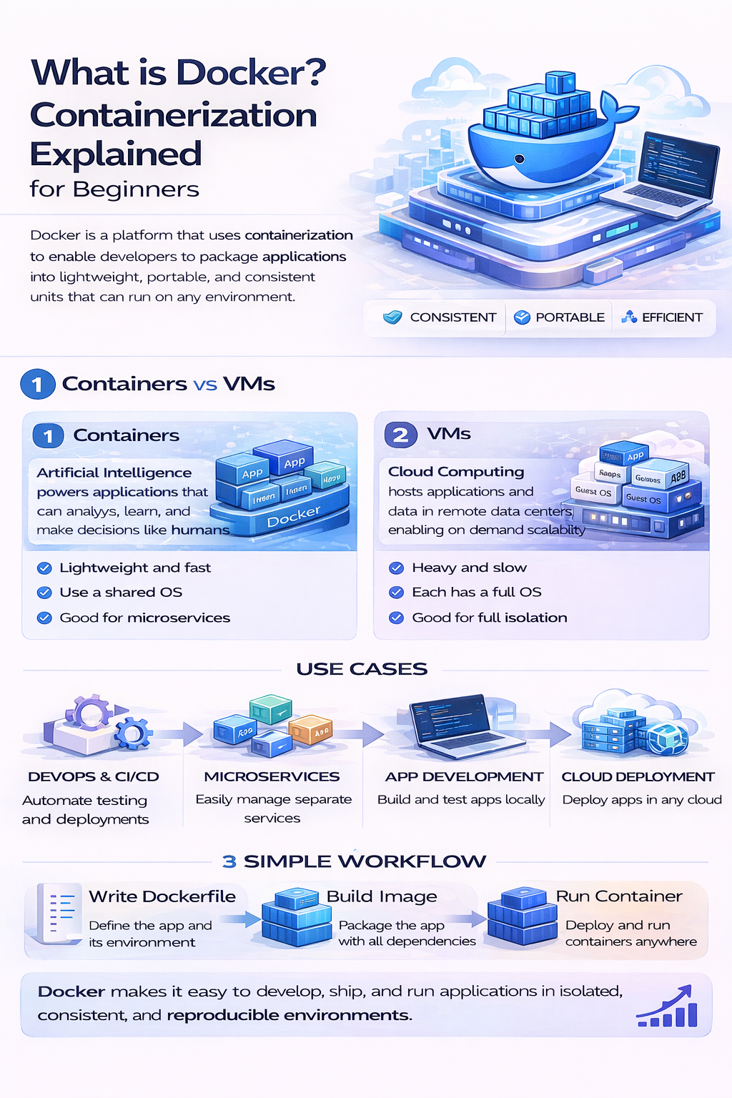 Docker container workflow showing containers vs virtual machines