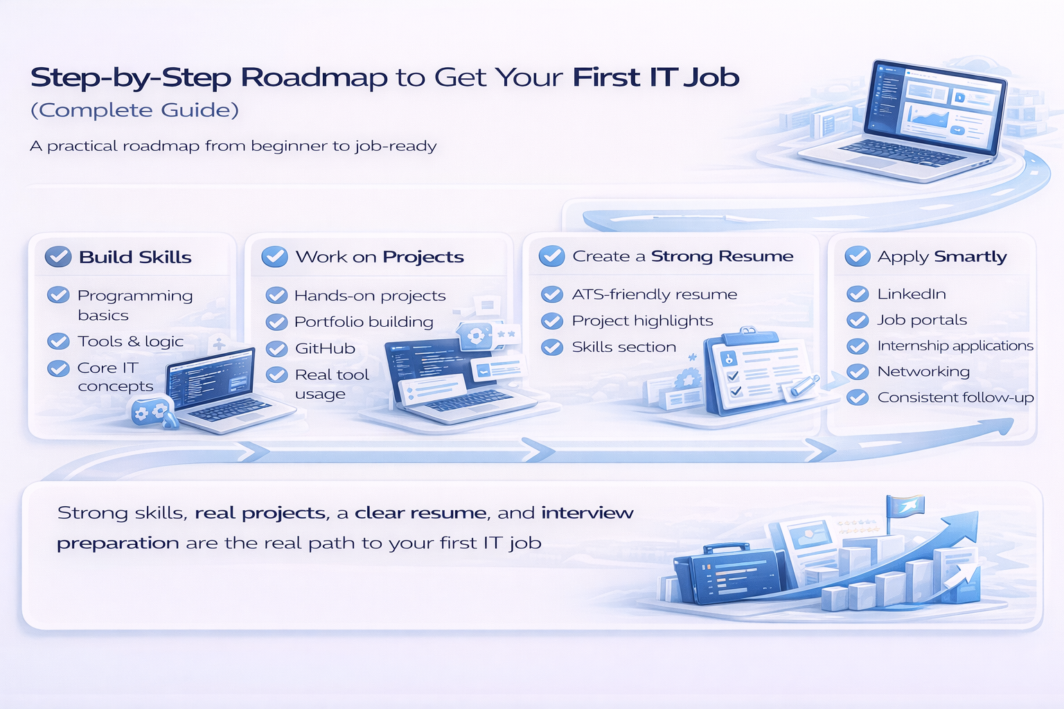 first IT job roadmap skills projects resume interview