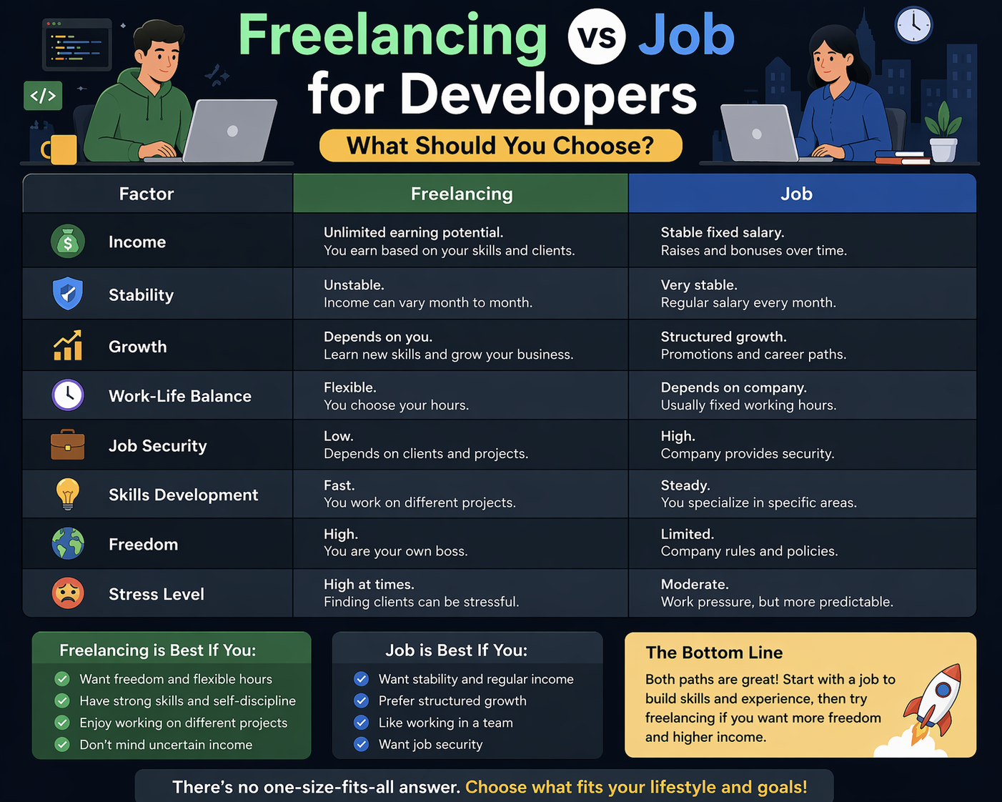 Comparison between freelancing and job for developers based on income, stability, and growth