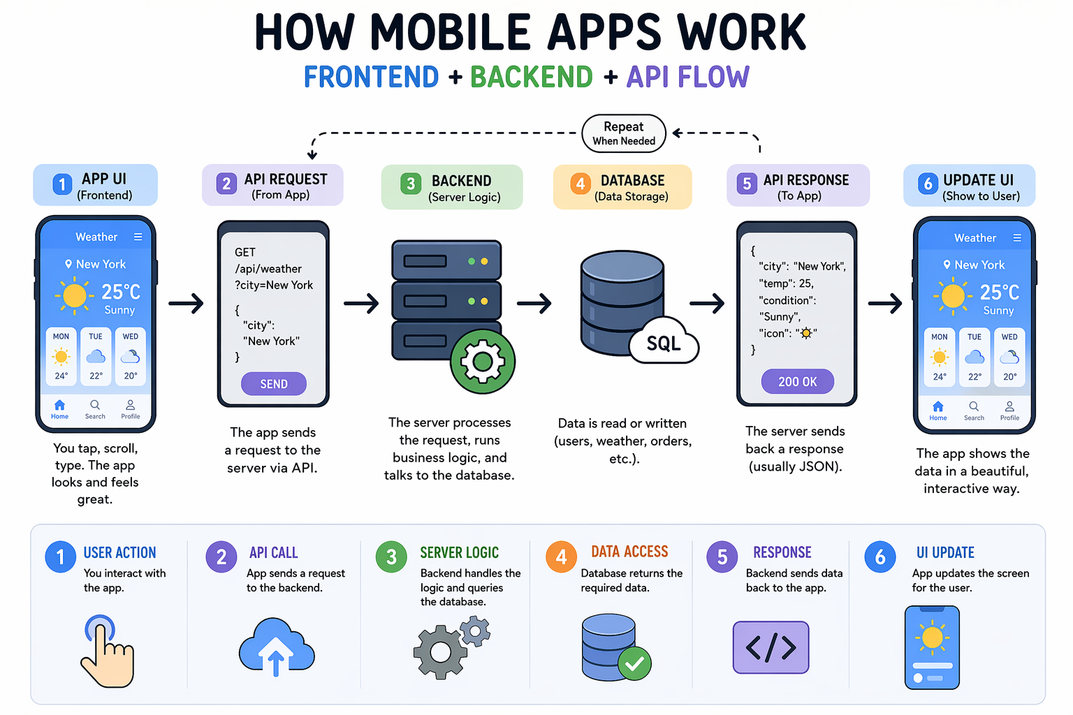 How mobile apps work with frontend backend and api communication explained for beginners
