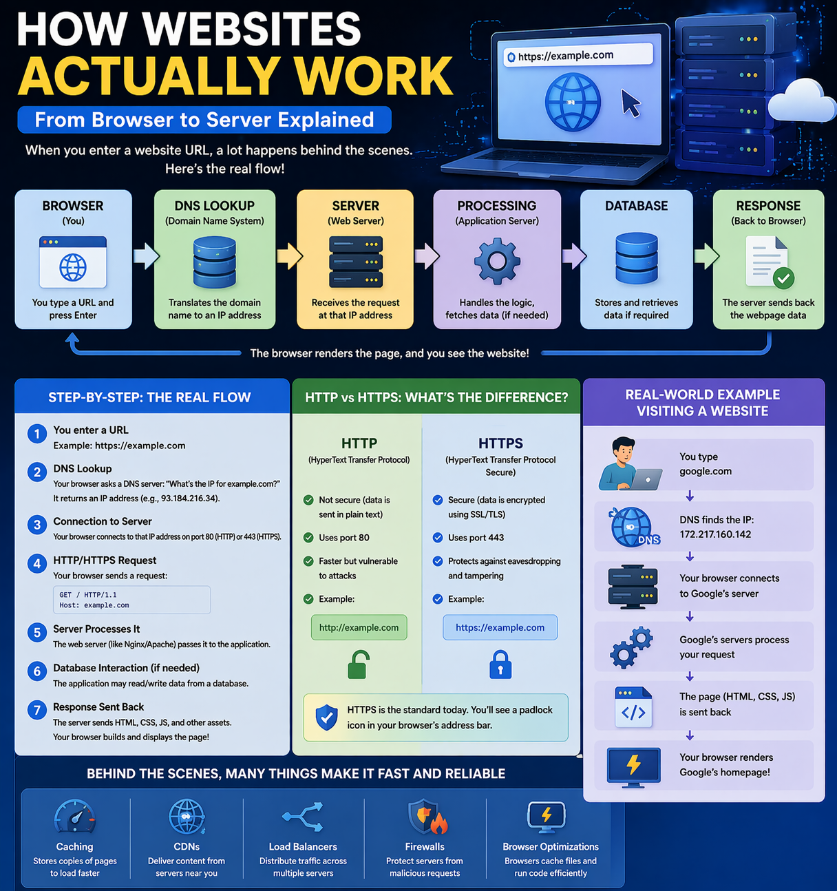 How websites work from browser to server including DNS HTTP HTTPS and response flow