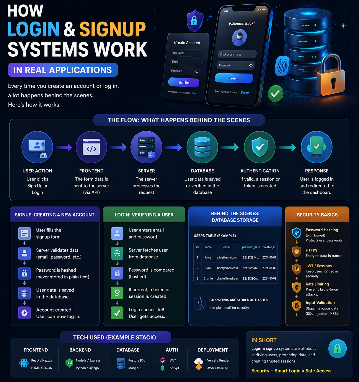 How login and signup systems work with authentication database and security basics explained