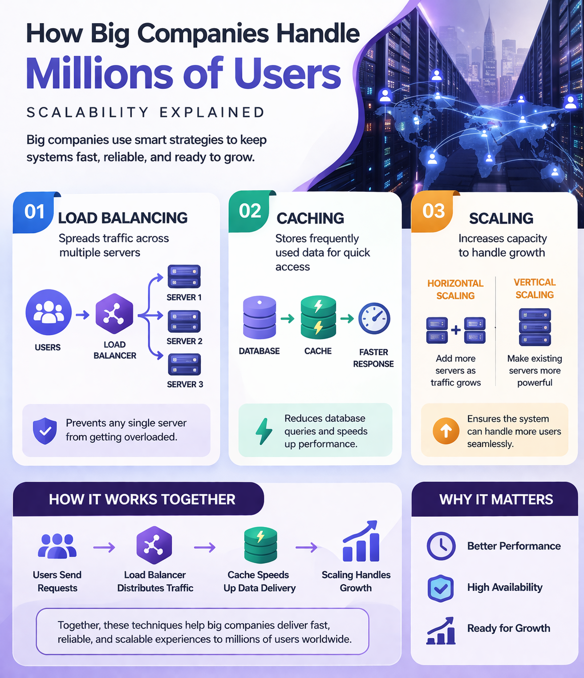 Scalable system architecture showing load balancing caching and multiple servers