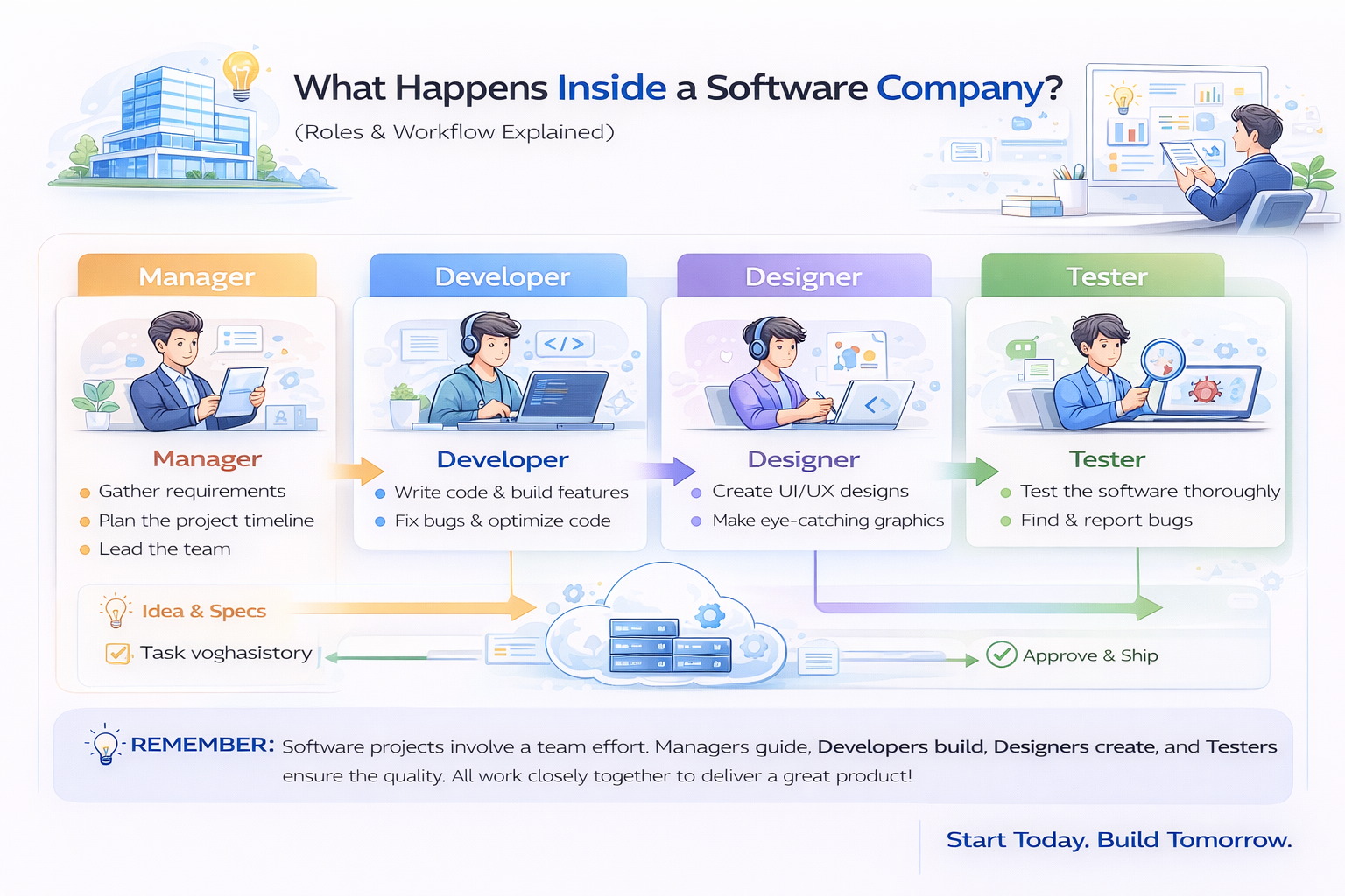 software company workflow developer tester designer manager roles