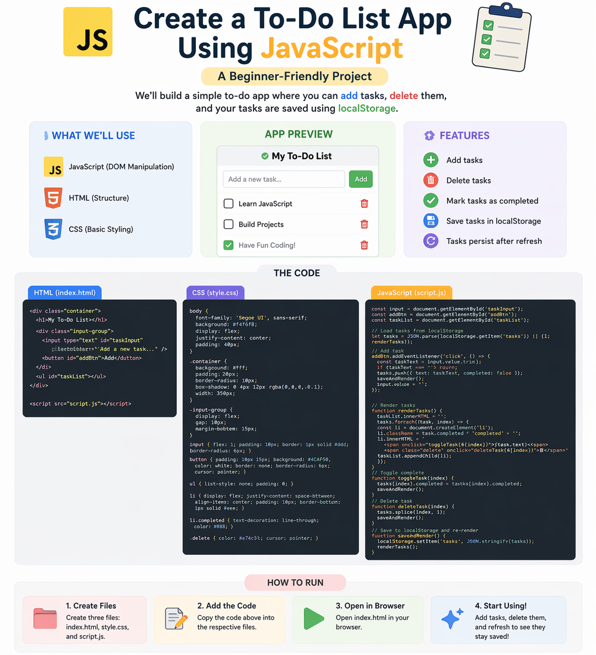 How to create a todo list app using JavaScript with DOM manipulation and local storage