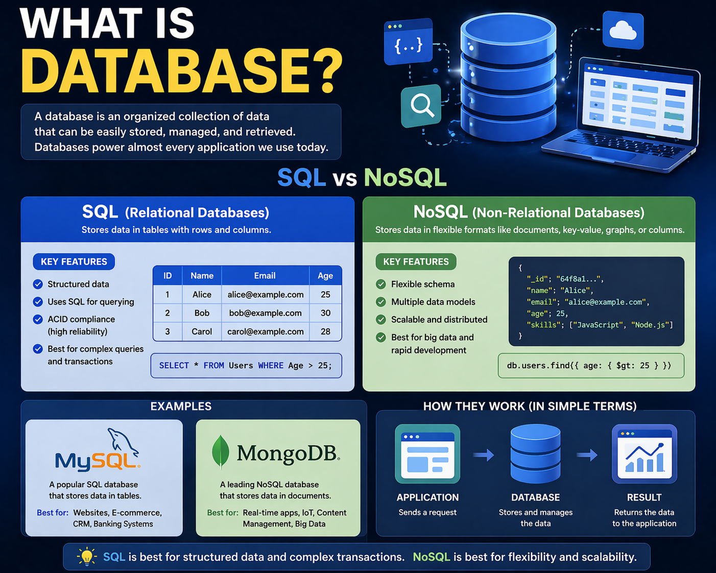 What is database and difference between SQL and NoSQL with MySQL and MongoDB examples