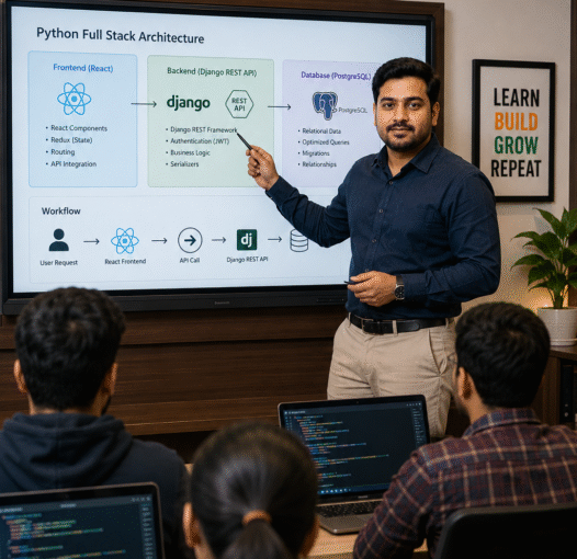 Aarush Vardhan Mehta teaching Python Full Stack architecture with Django REST API and React at Mango Engineers Jaipur