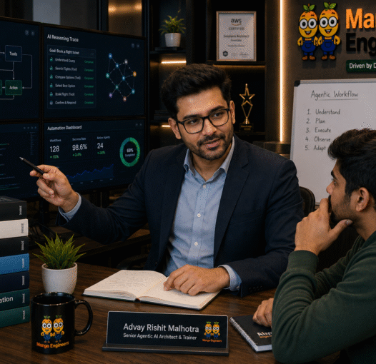 Advay Rishit Malhotra helping a student with Agentic AI and automation concepts at Mango Engineers Jaipur using AI agents LLM workflows and OpenAI API architecture