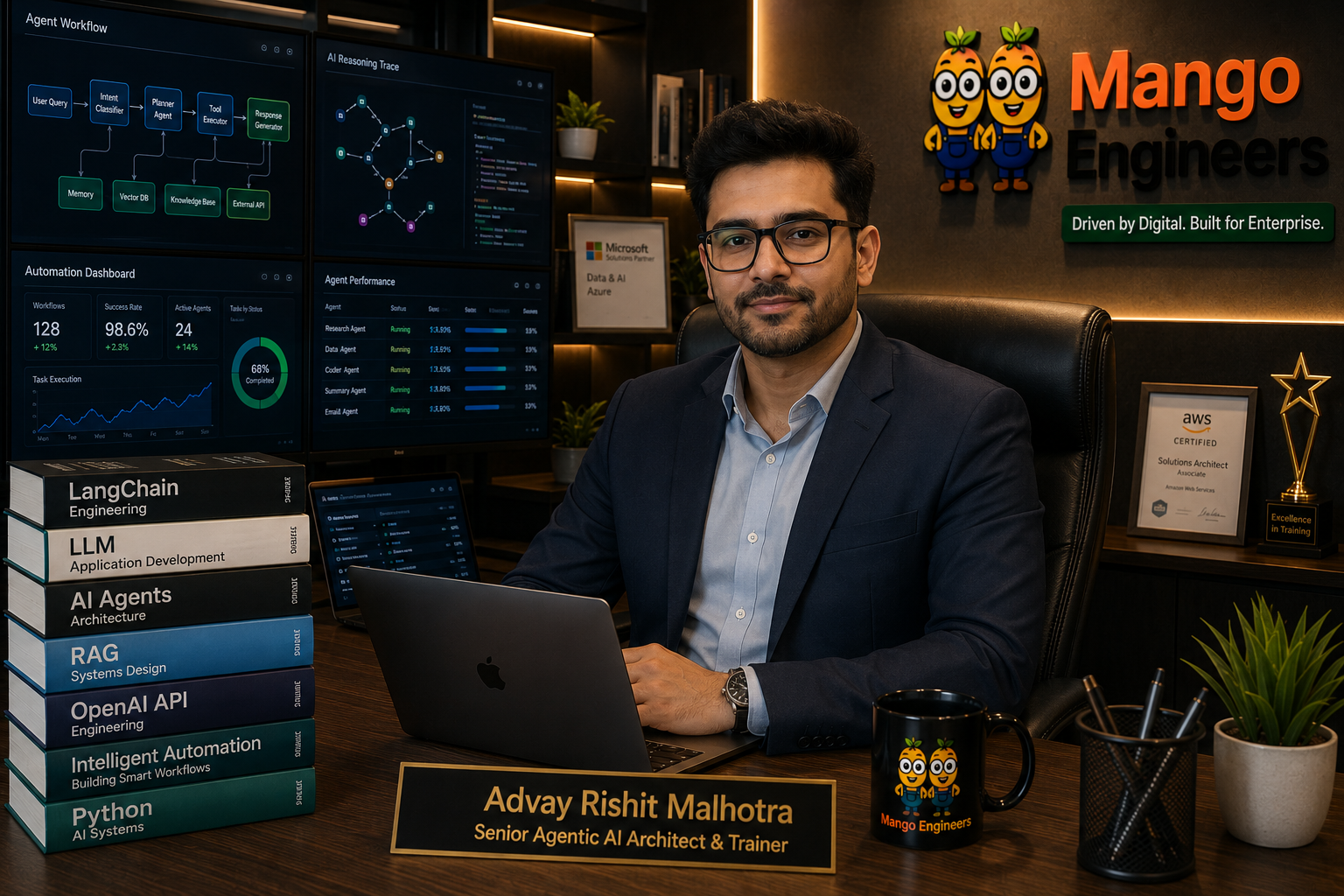 Advay Rishit Malhotra senior Agentic AI and Automation trainer at Mango Engineers Jaipur with expertise in AI agents LLM engineering LangChain RAG OpenAI API and intelligent automation