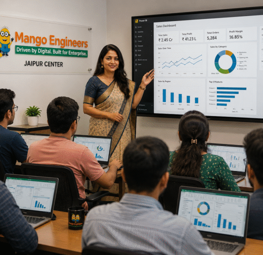 Meghana Lakshmi Iyer teaching Data Analytics students at Mango Engineers Jaipur using Power BI dashboards SQL analytics and business intelligence tools