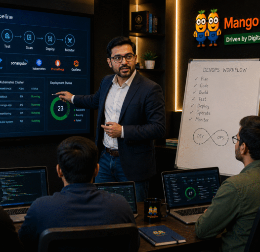 Raghavendra Vikram Sethi teaching DevOps students at Mango Engineers Jaipur using Kubernetes Docker AWS Jenkins CI/CD and cloud infrastructure concepts