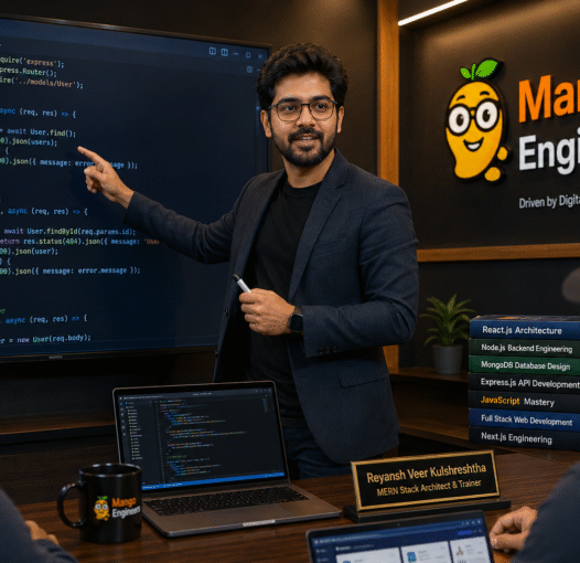 Reyansh Veer Kulshreshtha teaching MERN Stack students at Mango Engineers Jaipur using React.js Node.js MongoDB Express.js and full stack JavaScript development concepts