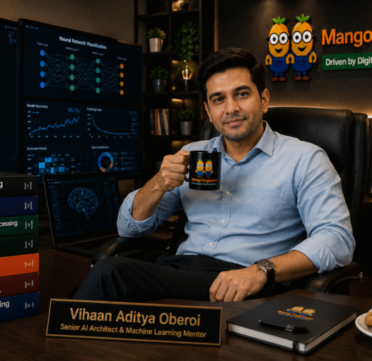 Vihaan Aditya Oberoi AI and Machine Learning trainer enjoying a coffee break at Mango Engineers Jaipur in a premium modern office workspace